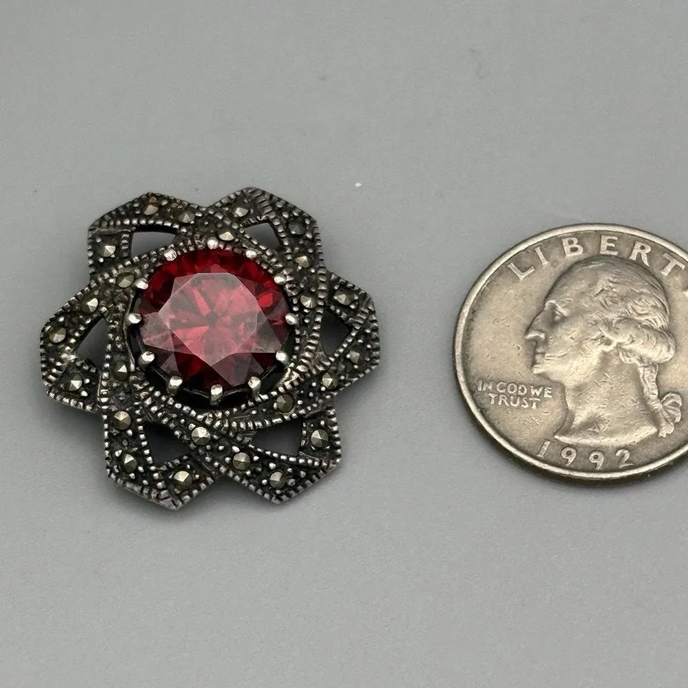 Vintage Sterling Silver Flower Pin Marcasite Red Glass Star Statement